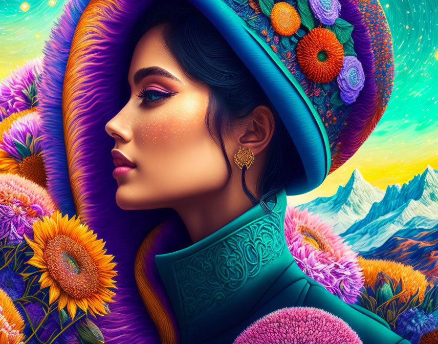 Detailed illustration of woman with flower hat and scenic background