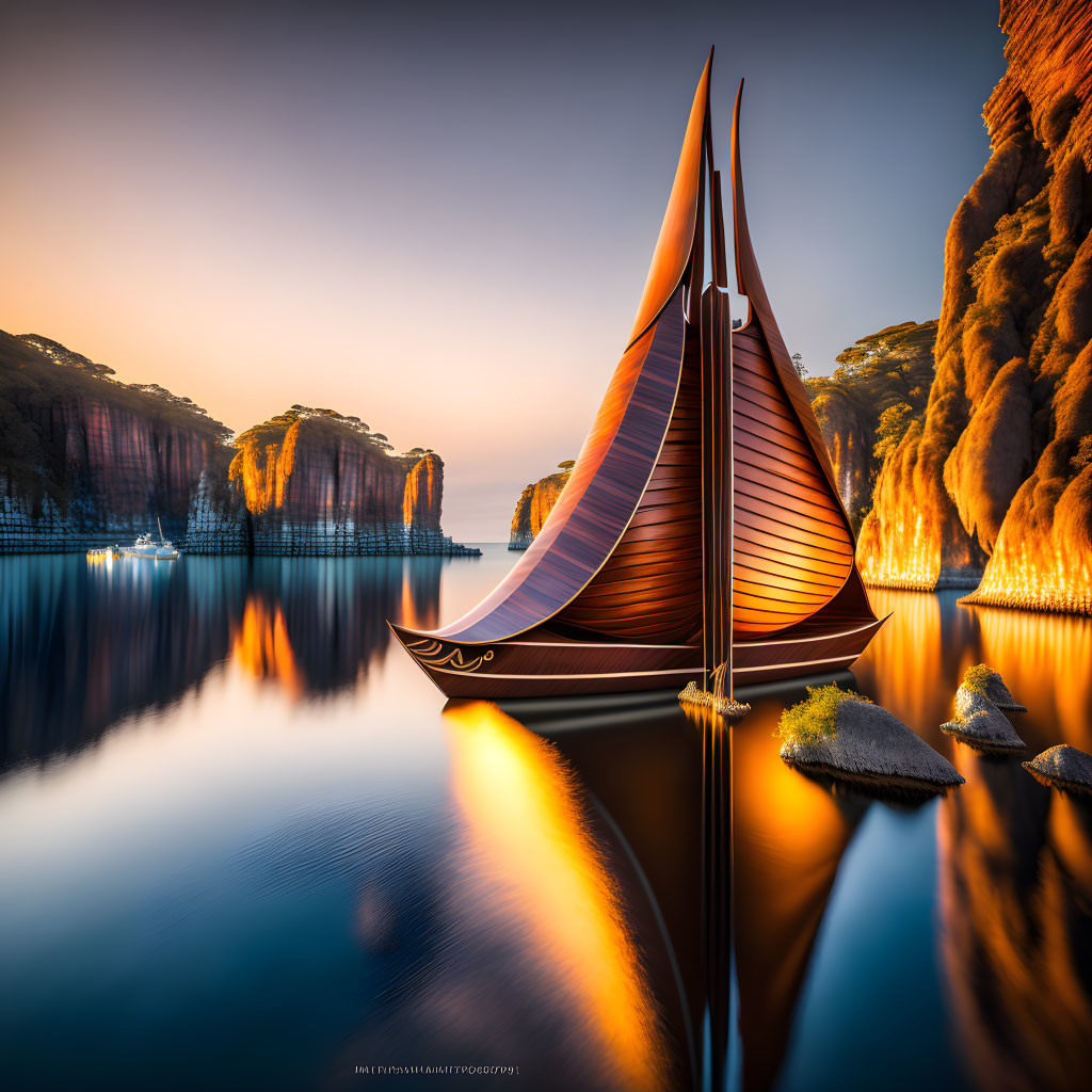 Wooden boat with tall sail on tranquil waters at twilight