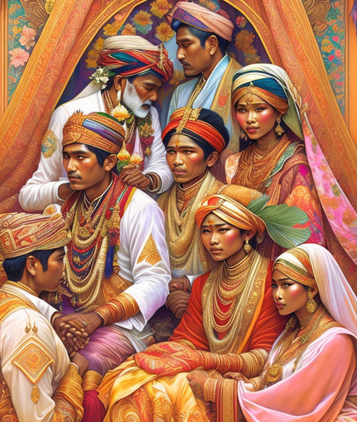 Detailed painting of eight individuals in traditional South Asian attire with ornate jewelry and vibrant colors, possibly a