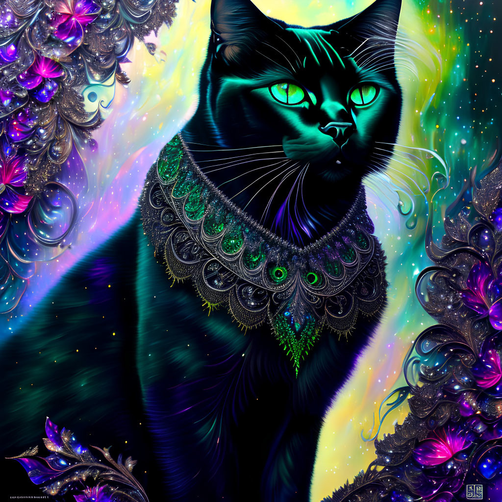 Majestic cosmic black cat with jeweled collar in starry nebula.