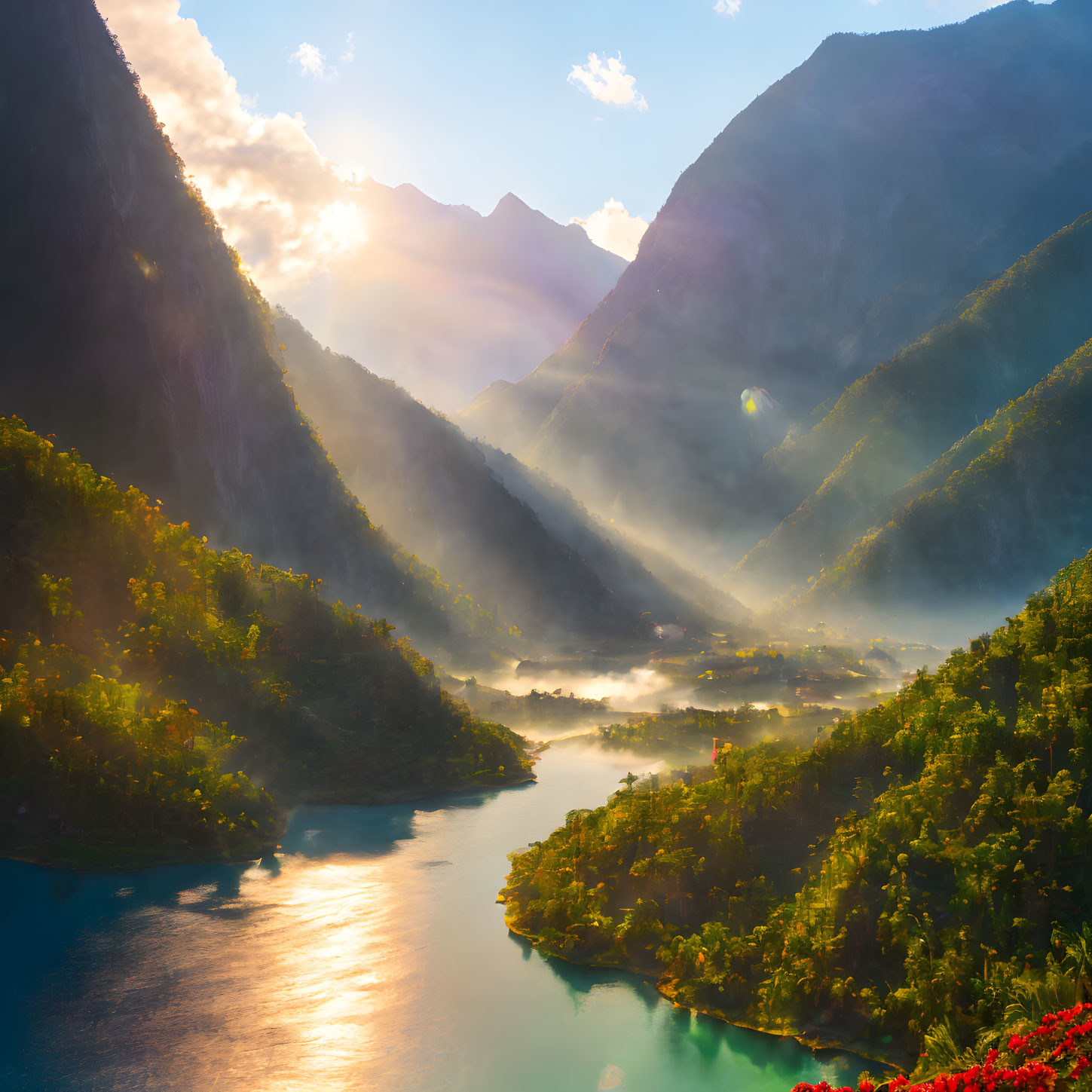Serene sunrise over misty river valley with green mountains and red flowers