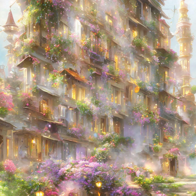 Vibrant flower-covered multi-story building in soft magical glow
