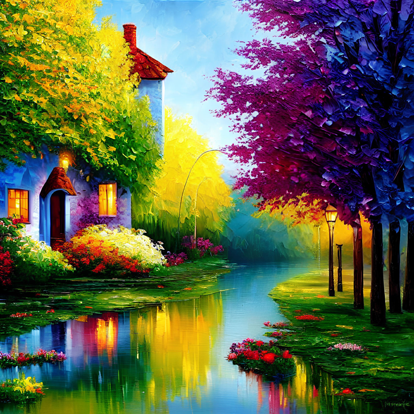 Serene river landscape with cottage, trees, and flowers