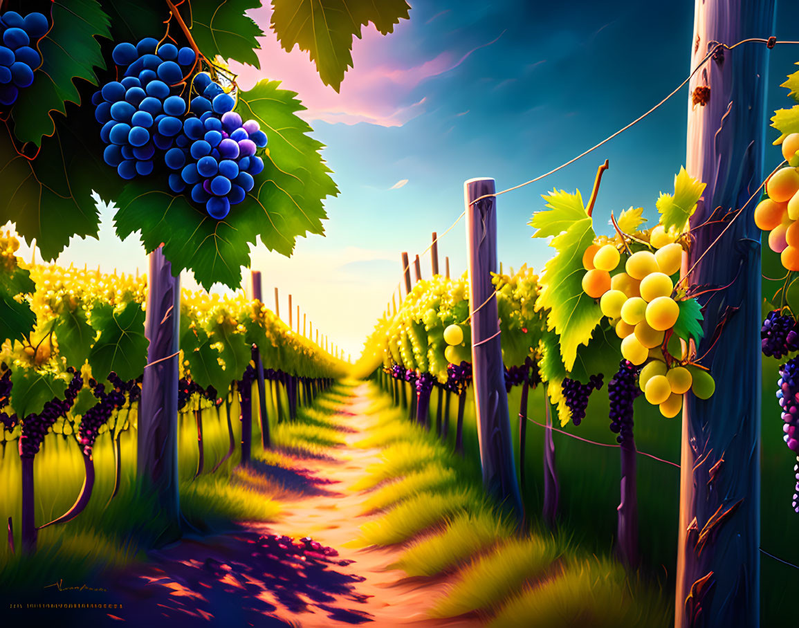Lush Vineyard Illustration with Grapevines and Sunlit Path