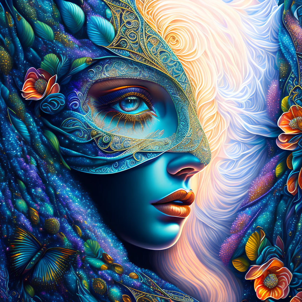 Colorful digital artwork: Woman with masquerade mask, intricate patterns, and mystical white wolf in