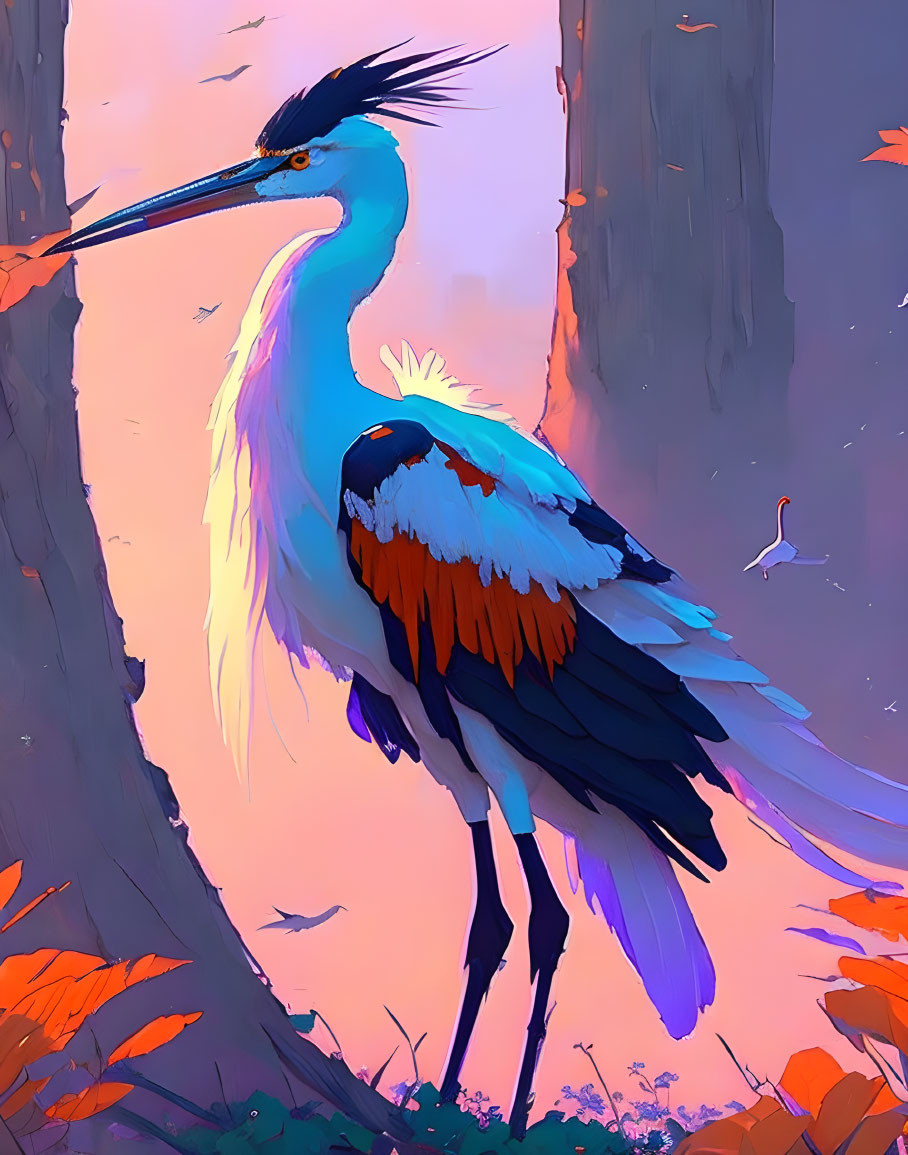 Colorful Heron Illustration in Orange Foliage and Purple Sky