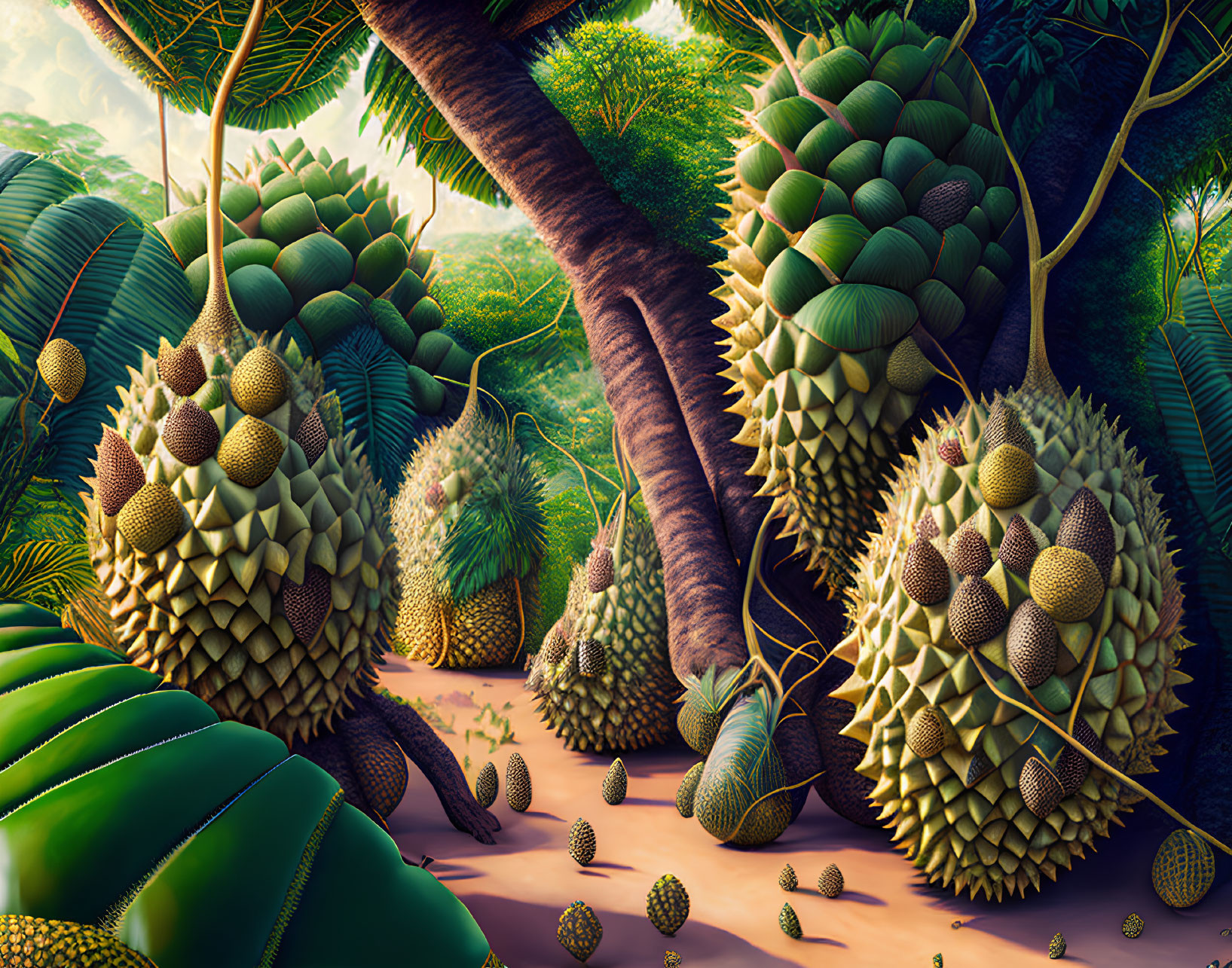 Surreal Landscape with Oversized Durian Fruits in Lush Jungle