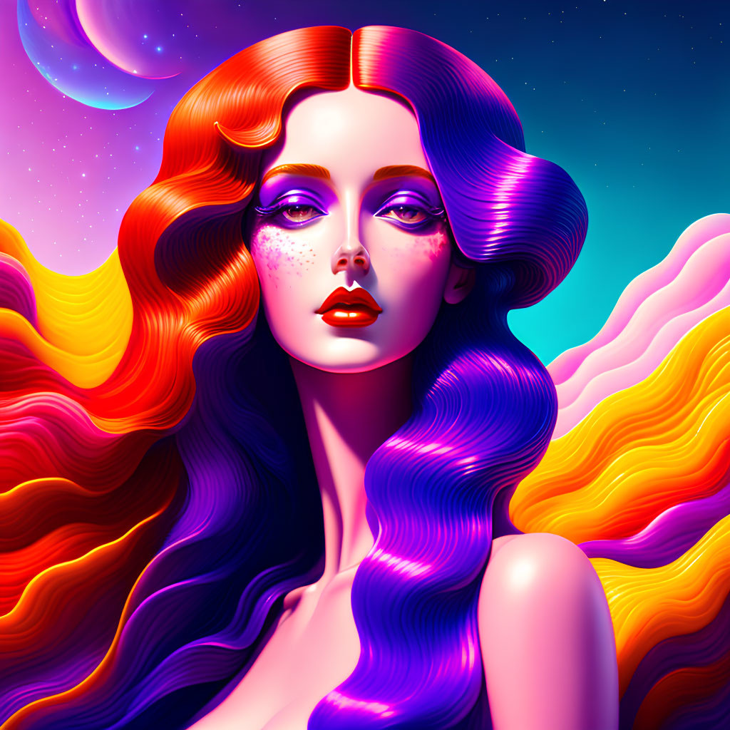 Colorful digital artwork: Woman with purple hair in surreal setting