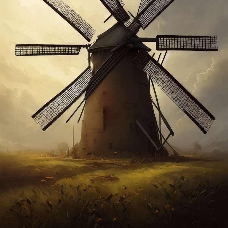 Traditional windmill in golden field under soft-lit sky