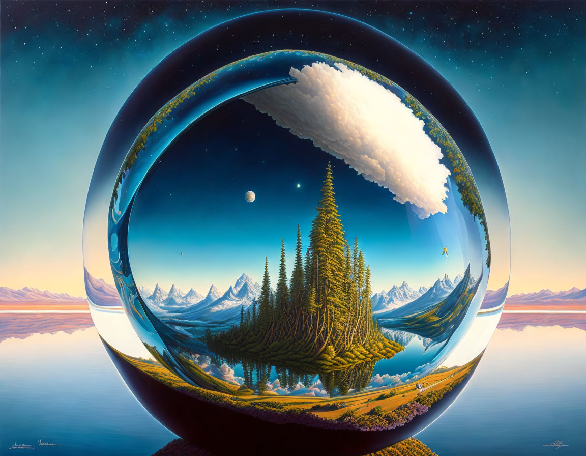 Surreal illustration of forested island in transparent sphere