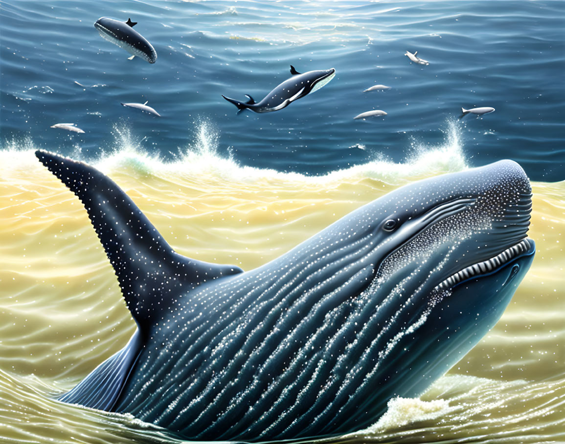 Blue whale, seabirds, dolphins in sunny ocean scene