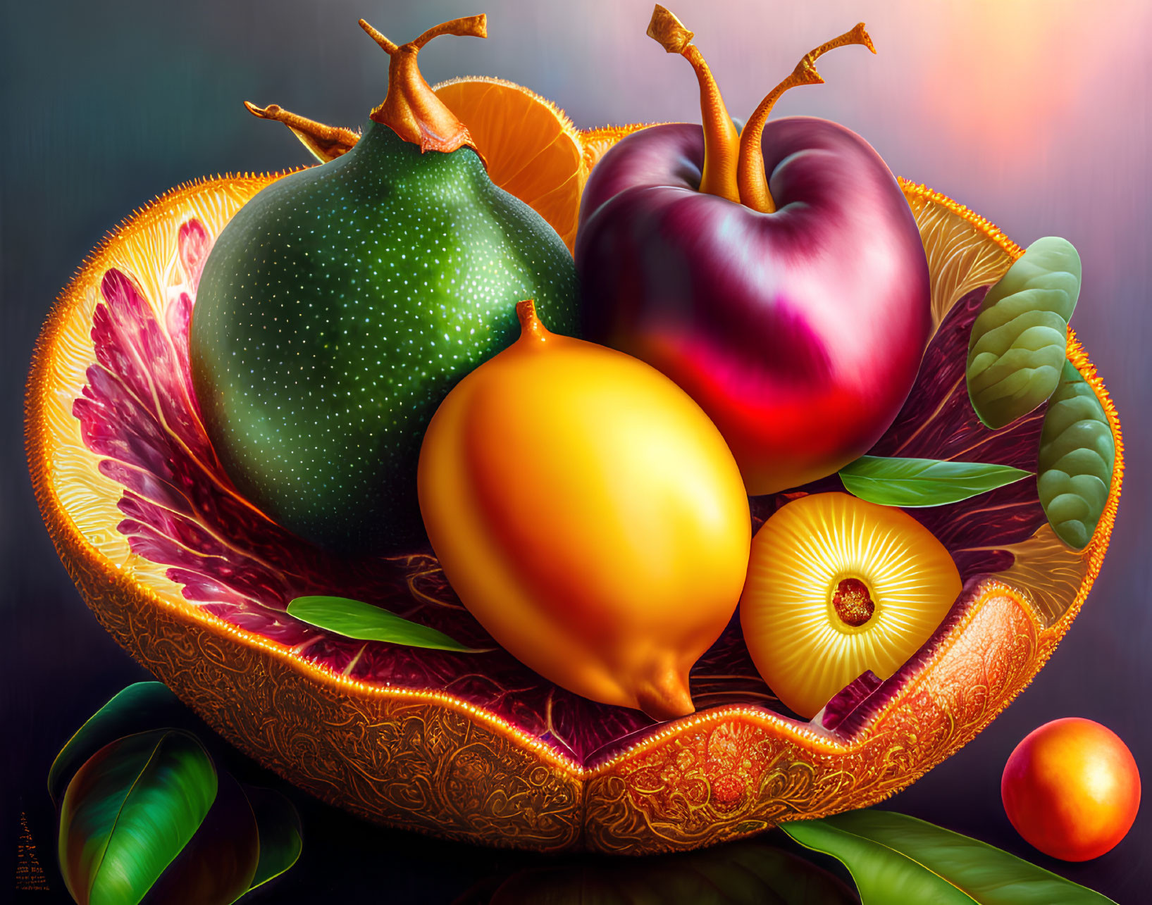 Colorful digital painting of a fruit bowl with pear, lemon, apple, and decorative leaves.