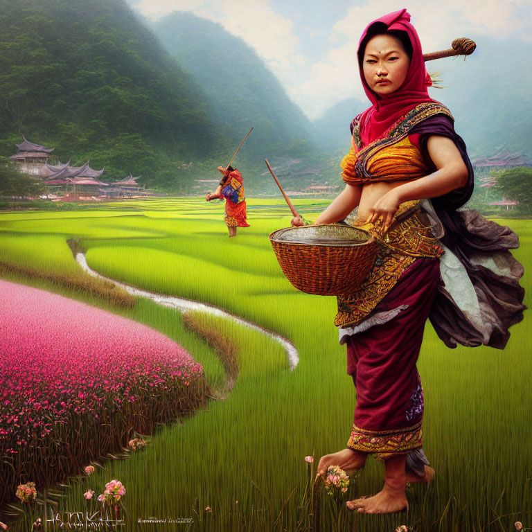 Traditional attire woman in vibrant field with basket, another figure in lush greenery.