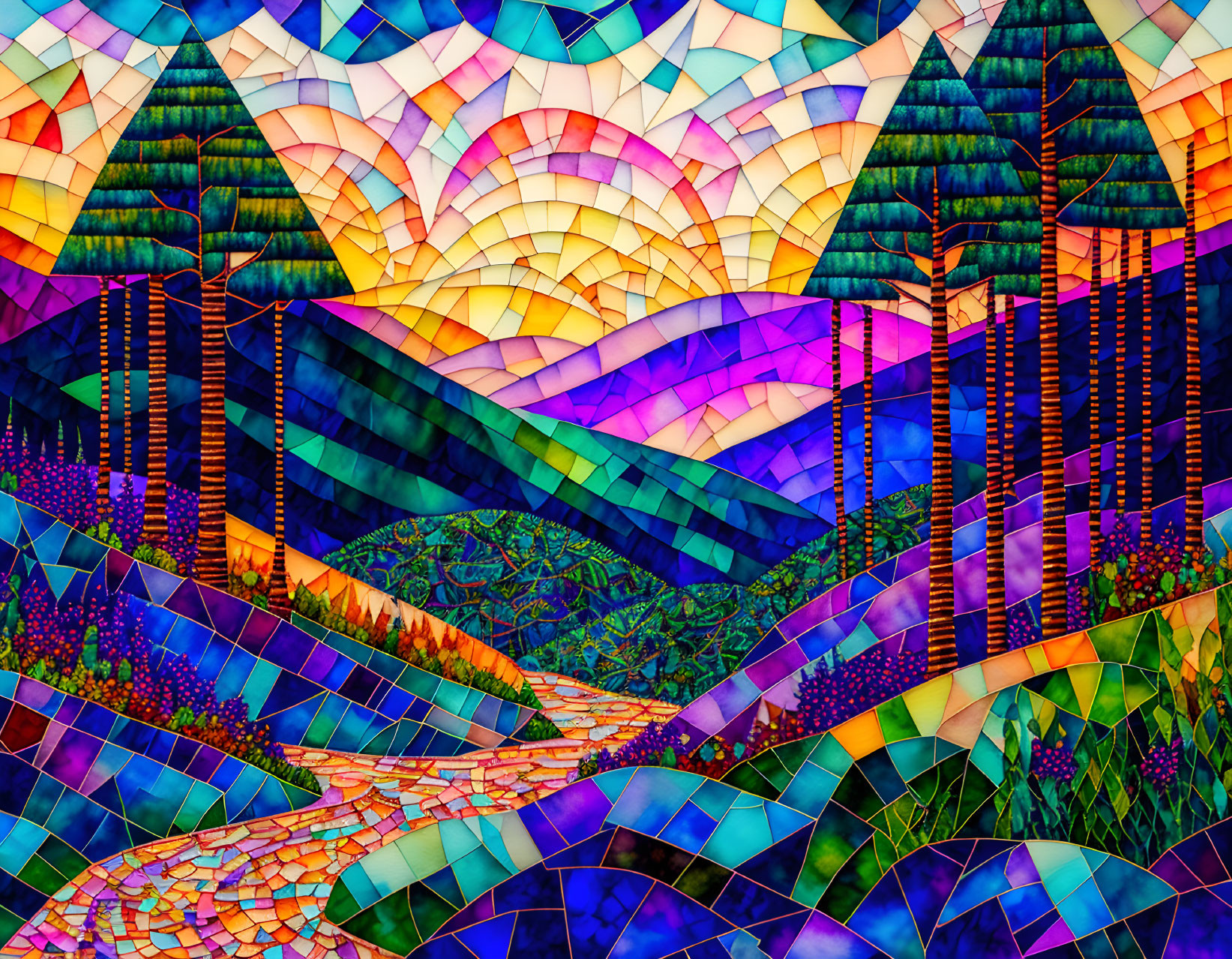 Colorful Stained Glass Style Illustration of Rolling Hills and Sun