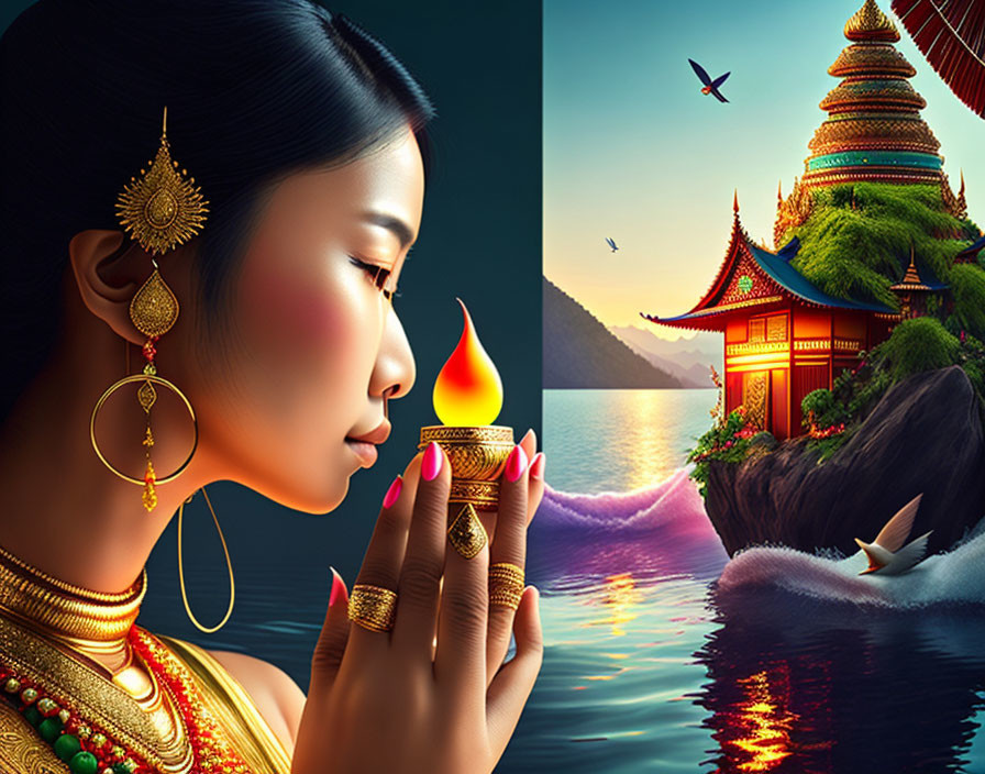 Traditional Attire Woman Holding Lit Candle in Oriental Landscape