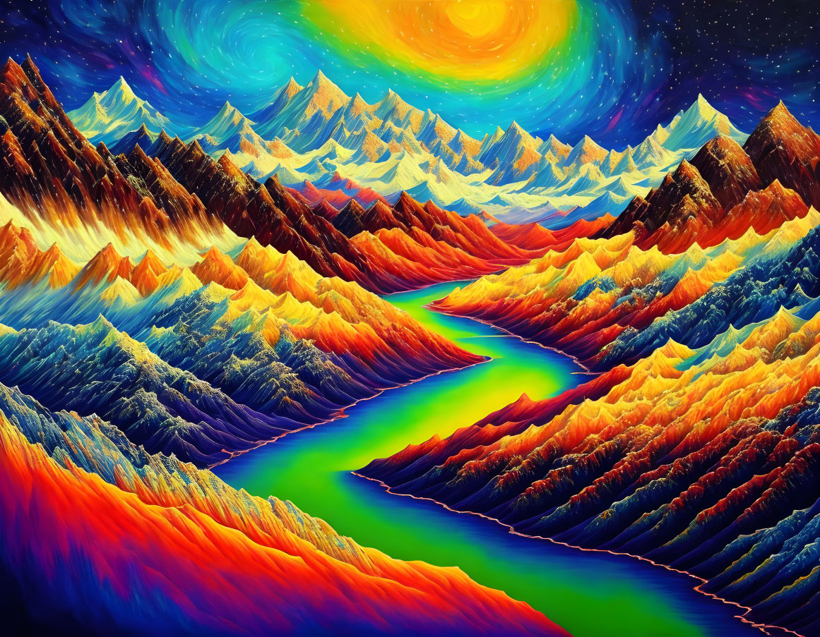 Colorful Surreal Landscape with Layered Mountains and Winding River