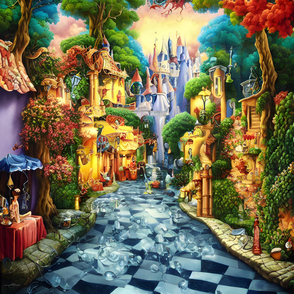 Colorful fairytale village painting with castle and lush surroundings.