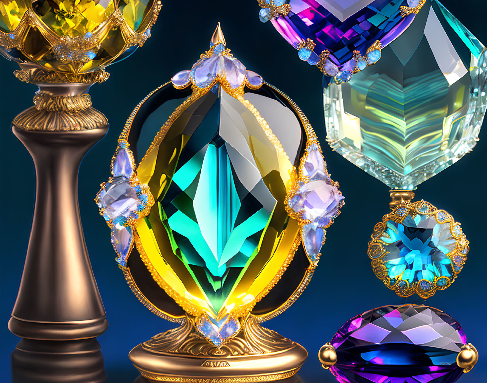Colorful Gemstones on Golden Pedestals Against Blue Background