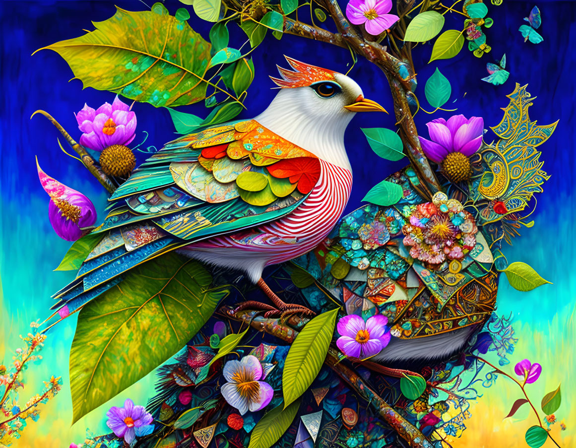 Colorful stylized bird in intricate floral setting