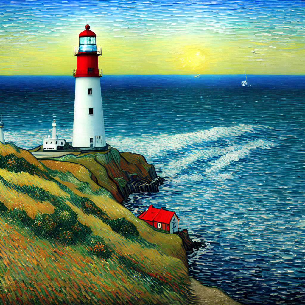 Colorful coastal painting with red lighthouse, cliff house, and boat under sunset