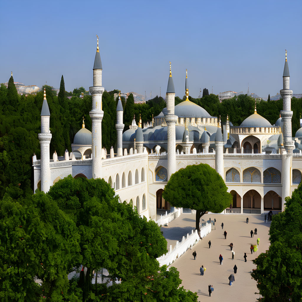 Mosque-inspired building with minarets and domes in lush setting