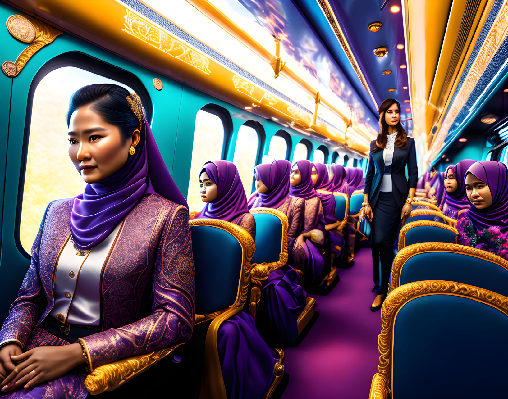Digital Artwork: Women in Hijabs in Luxurious Train Carriage