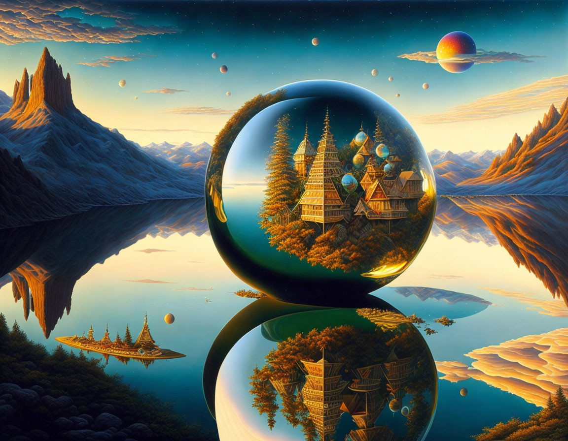 Fantasy landscape with reflective sphere, castle, mountains, lakes, planets, vibrant sky