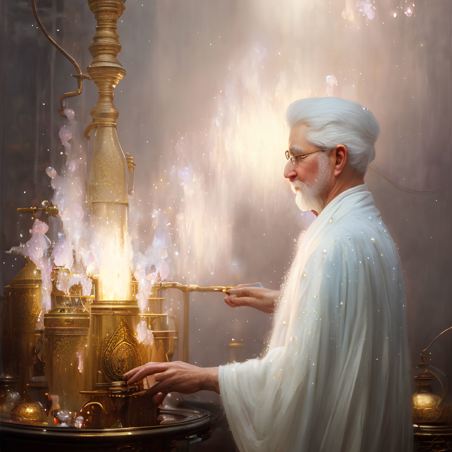 Elderly man conducting alchemical experiment with wand and ornate apparatus