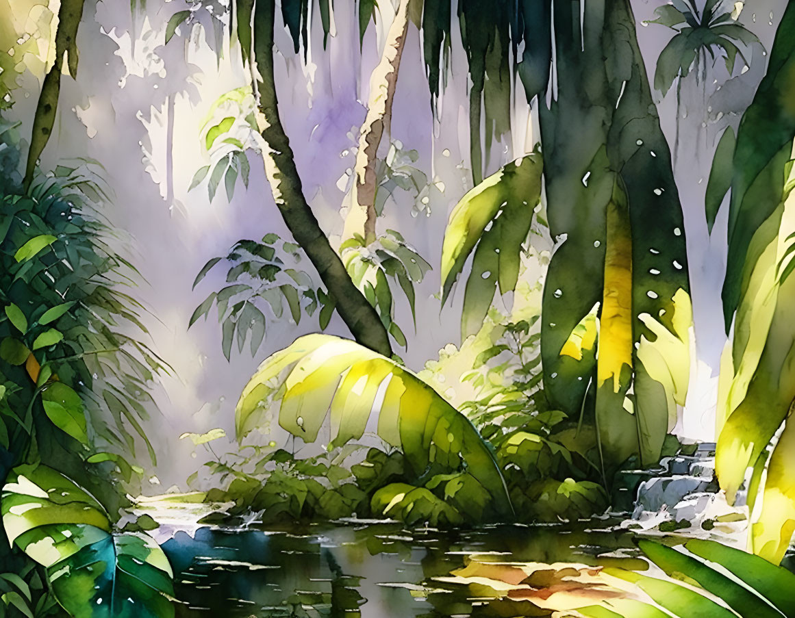 Serene jungle scene with sunbeams in watercolor