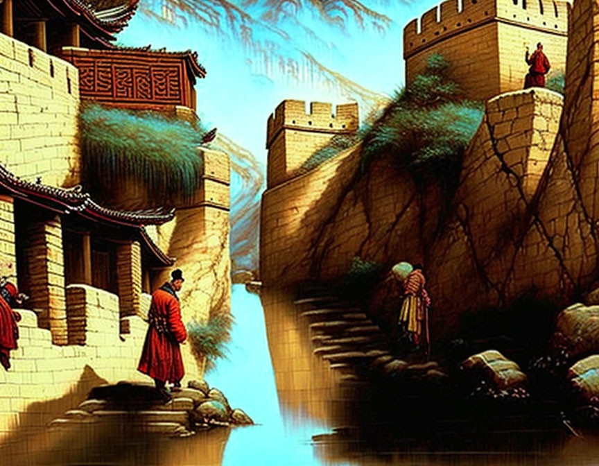 Traditional Chinese scene with people near fortress and waterfalls