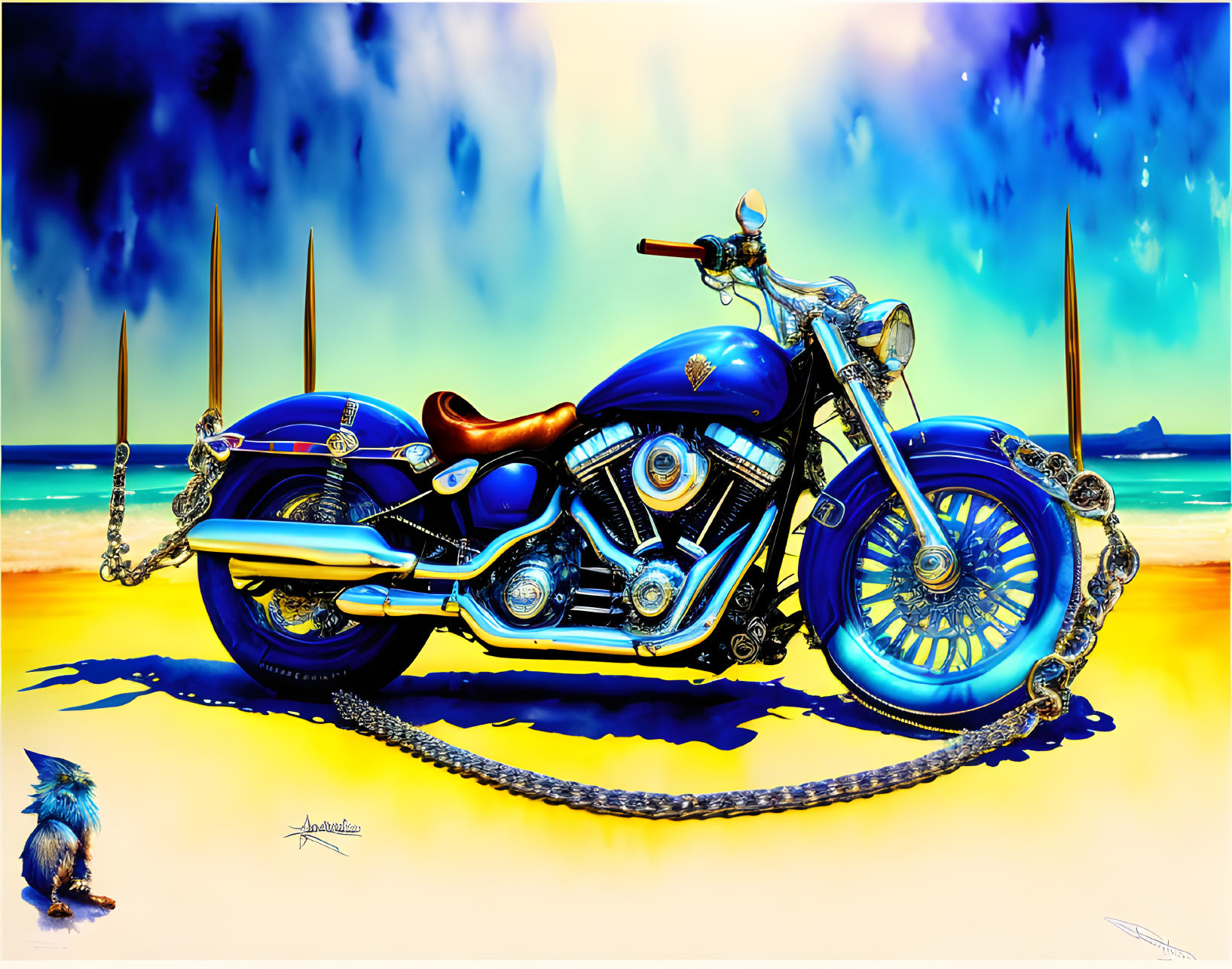 A bright blue Harley Davidson with chains