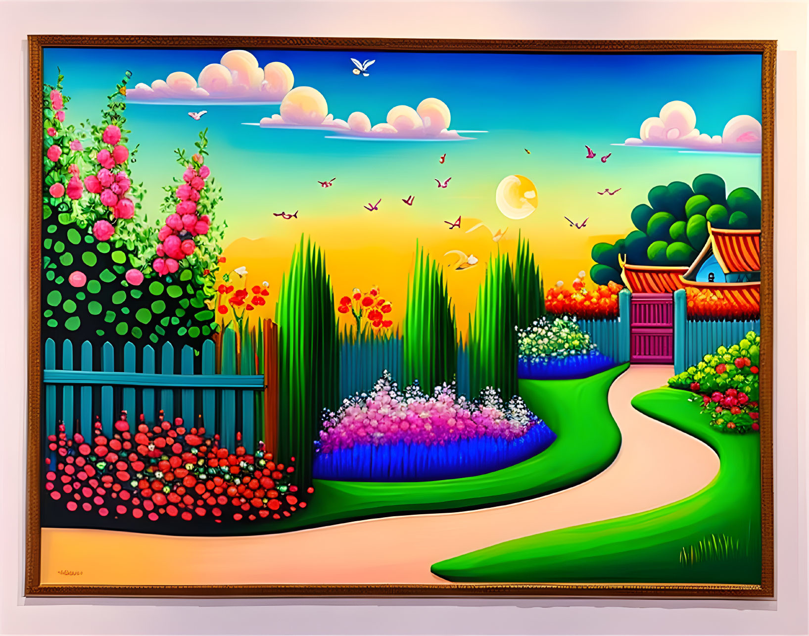 Colorful Digital Artwork: Idyllic Landscape with Greenery, Flowers, Path, Fence,