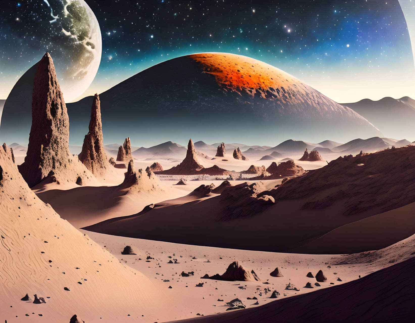 Alien landscape with towering rock formations and sandy dunes under twilight sky
