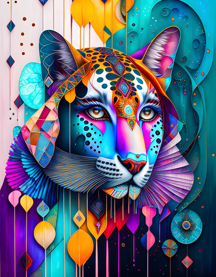 Colorful Stylized Tiger Illustration on Purple and Blue Gradient Background