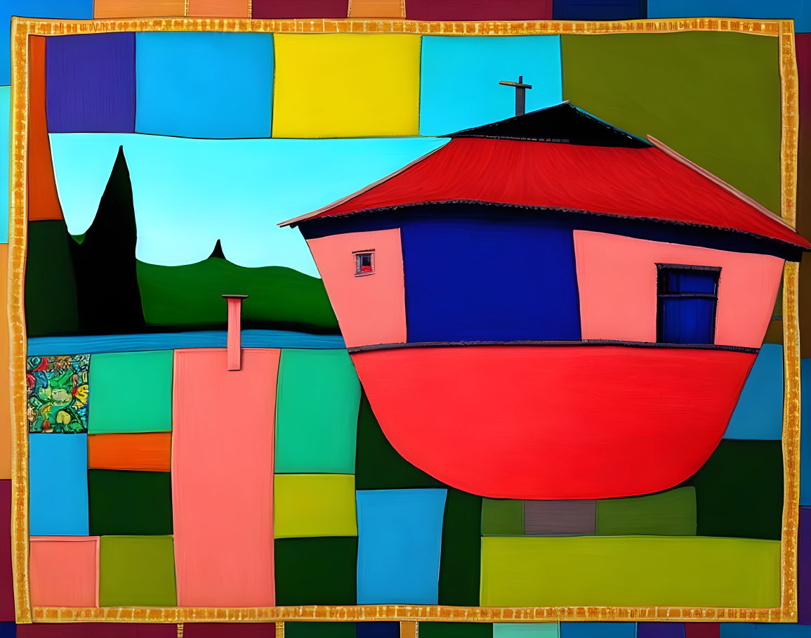 Vibrant Abstract Painting of Building, Cross, and Geometric Shapes