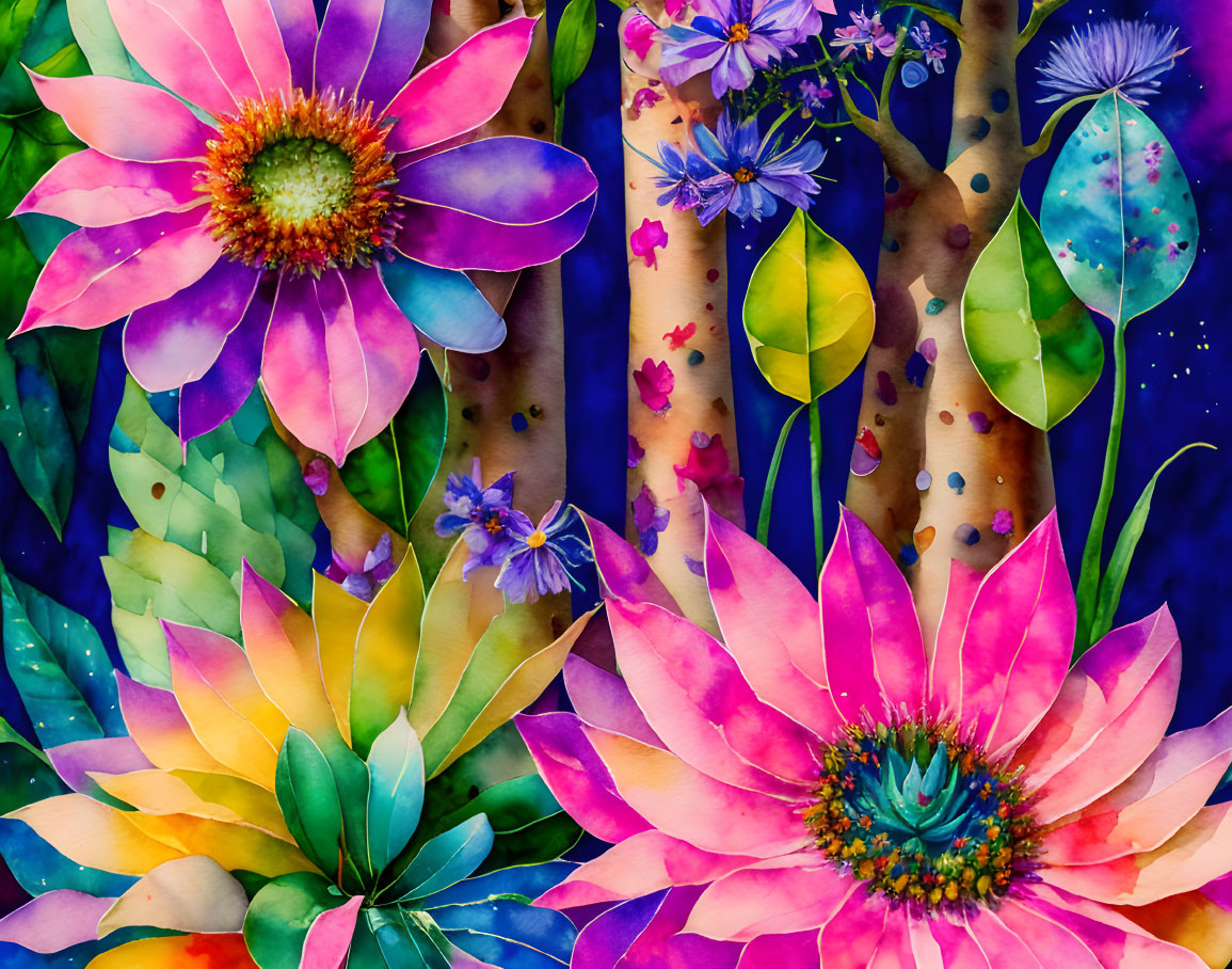 Colorful Watercolor Painting of Vibrant Flowers and Plants