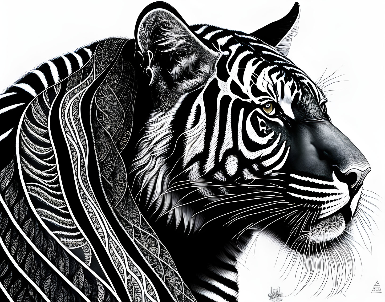 Detailed Black and White Tiger Illustration with Intricate Patterns