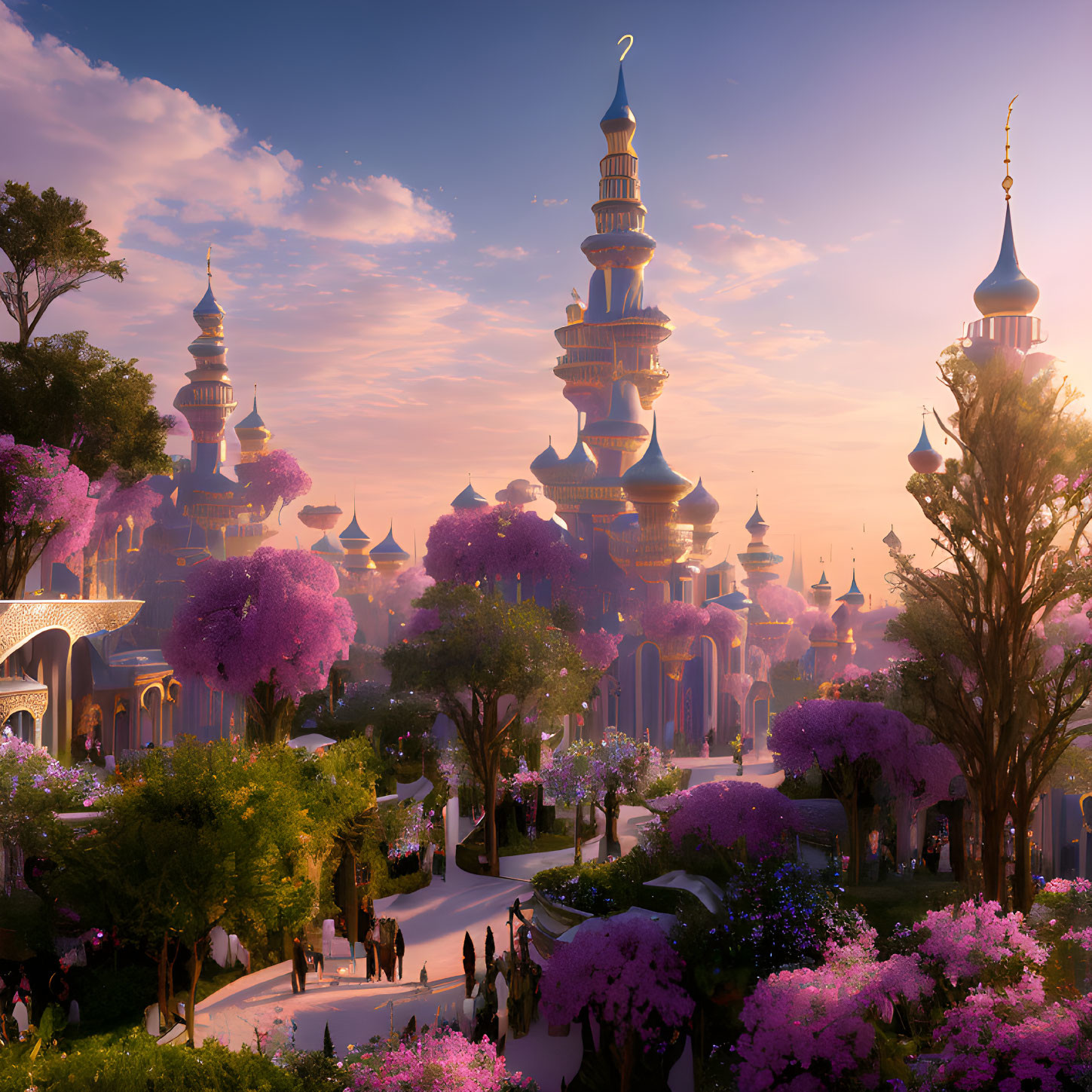Fantastical cityscape at sunset with towering spires and purple trees