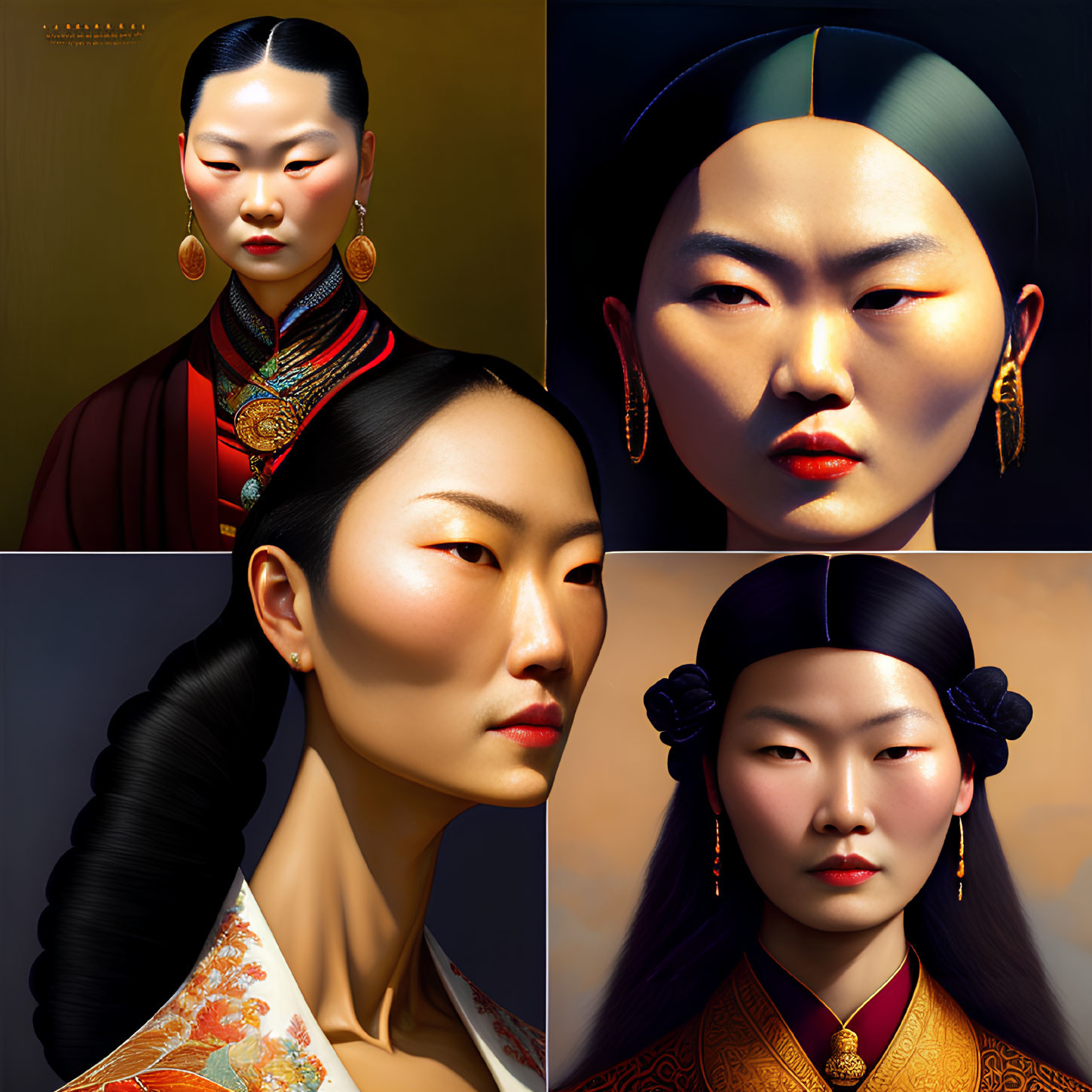 Four Portraits of Woman in Traditional East Asian Attire and Makeup