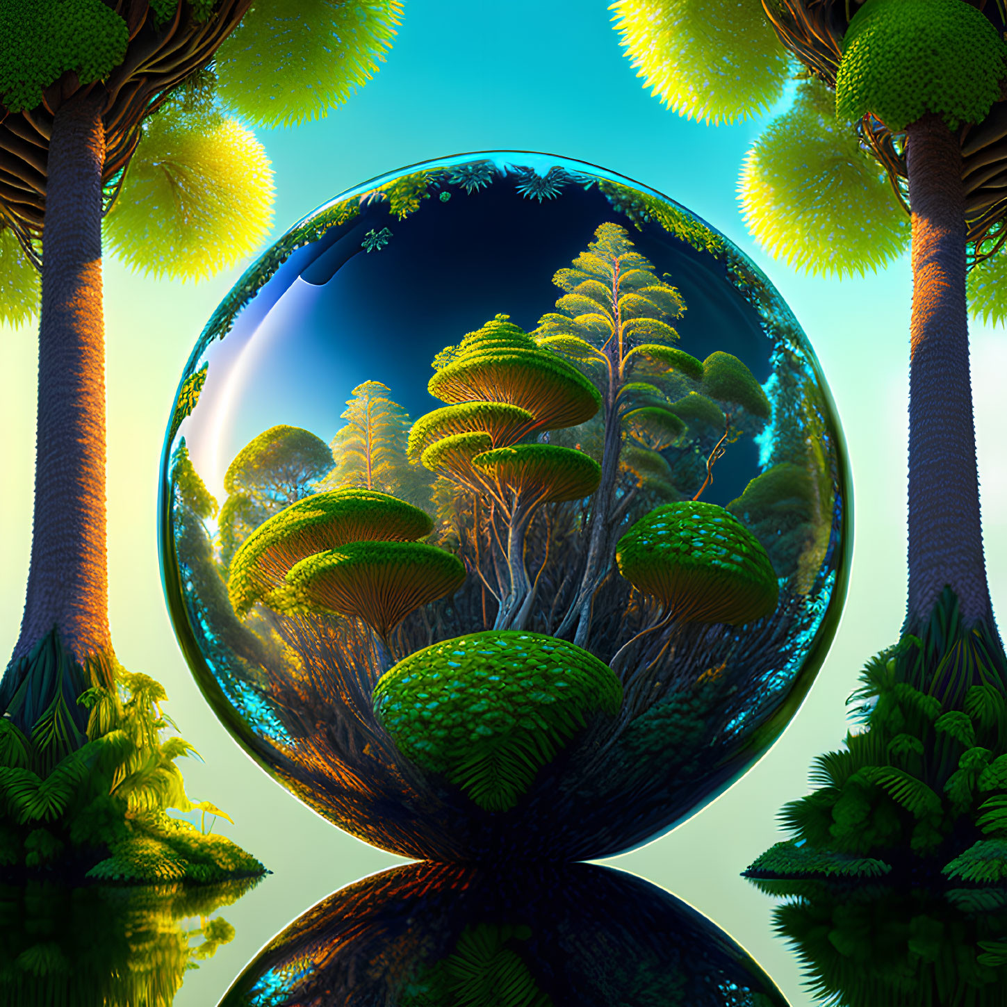 Surreal landscape with reflective sphere and inverted forest in vibrant green setting