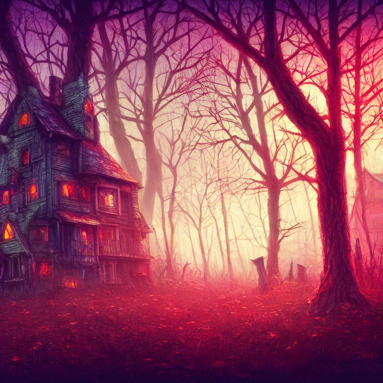 Eerie crooked house in misty purple forest with mysterious glow