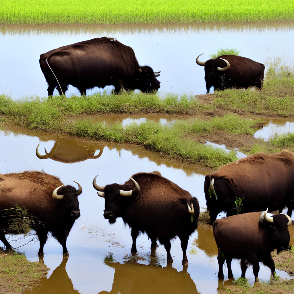 Curved-horn buffaloes grazing in wet, grassy field with mirrored water.
