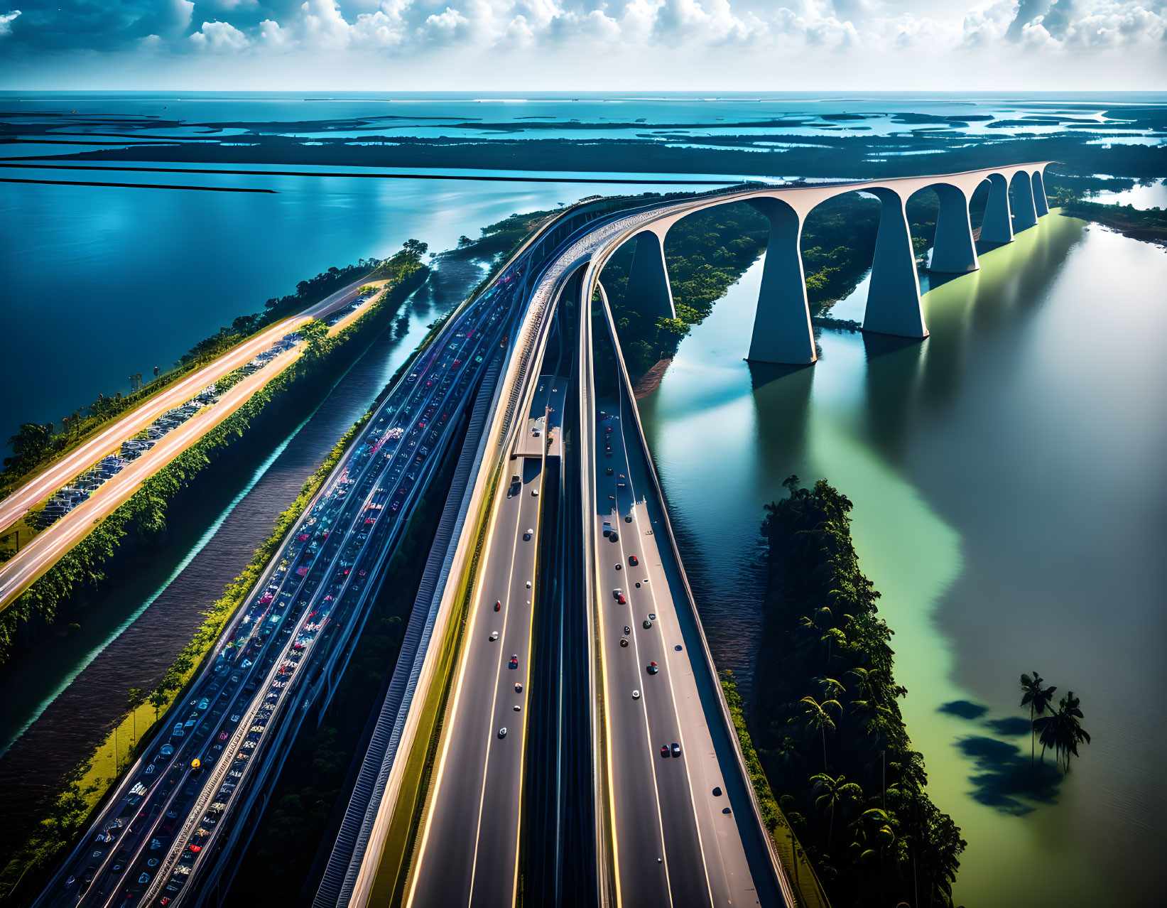 Aerial View of Multi-Lane Highway & Bridge Over Water