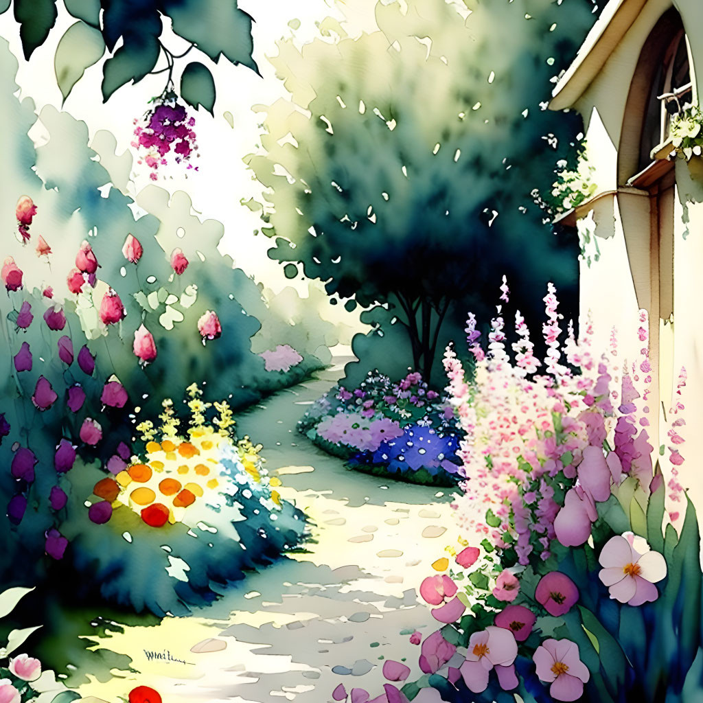Colorful garden scene with flowers, trees, path, and house corner