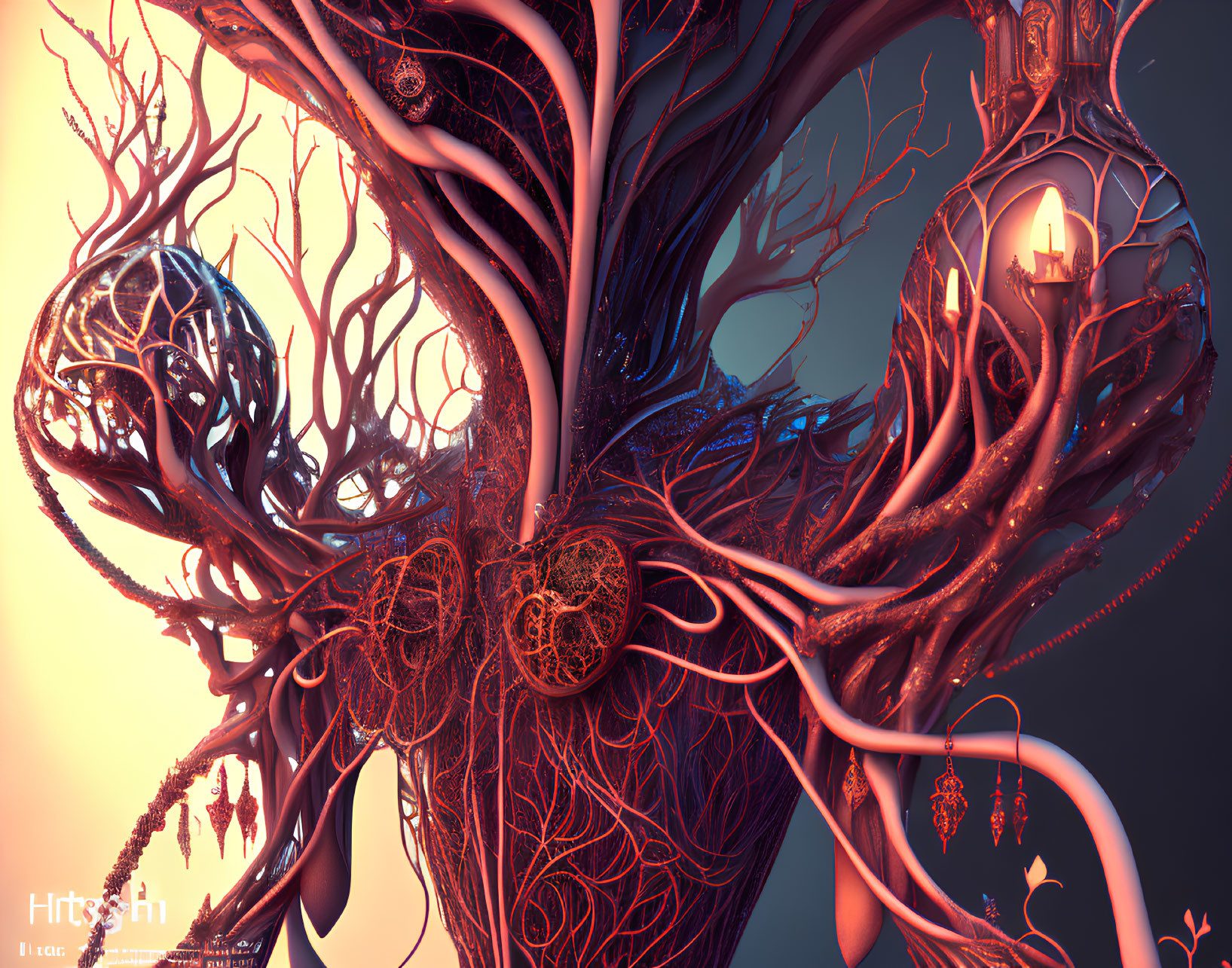 Intricate fractal-like tree with glowing elements in fantastical setting
