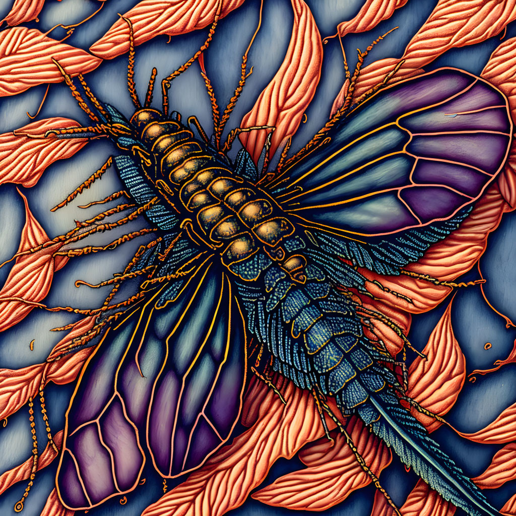Detailed Dragonfly Artwork with Golden and Blue Wings on Textured Orange Background