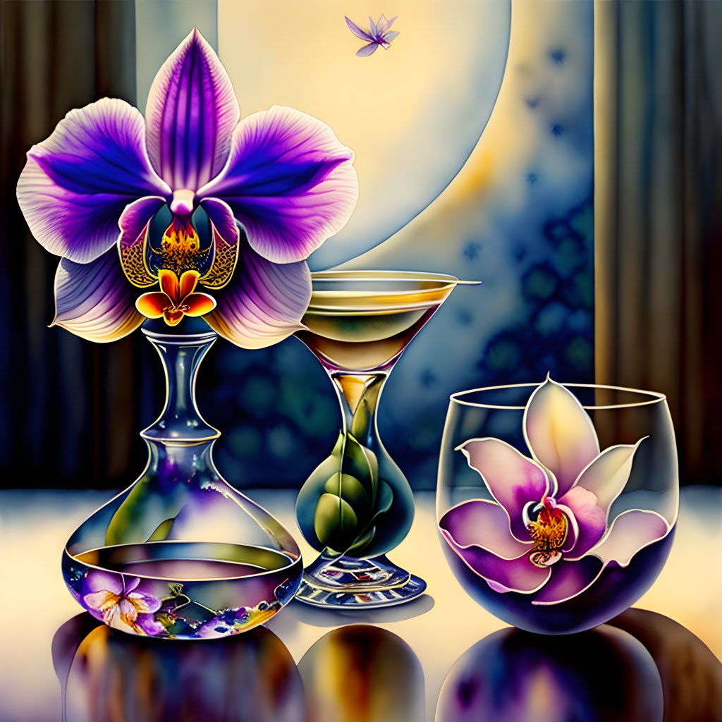 Colorful digital artwork: Purple orchid, martini glass, and glass vessel under moonlight