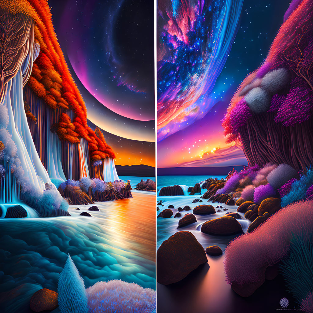 Colorful surreal landscapes in digital diptych art