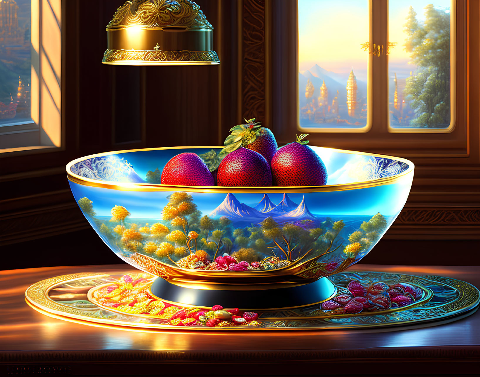 Natural light highlights strawberries in bowl with landscape painting.