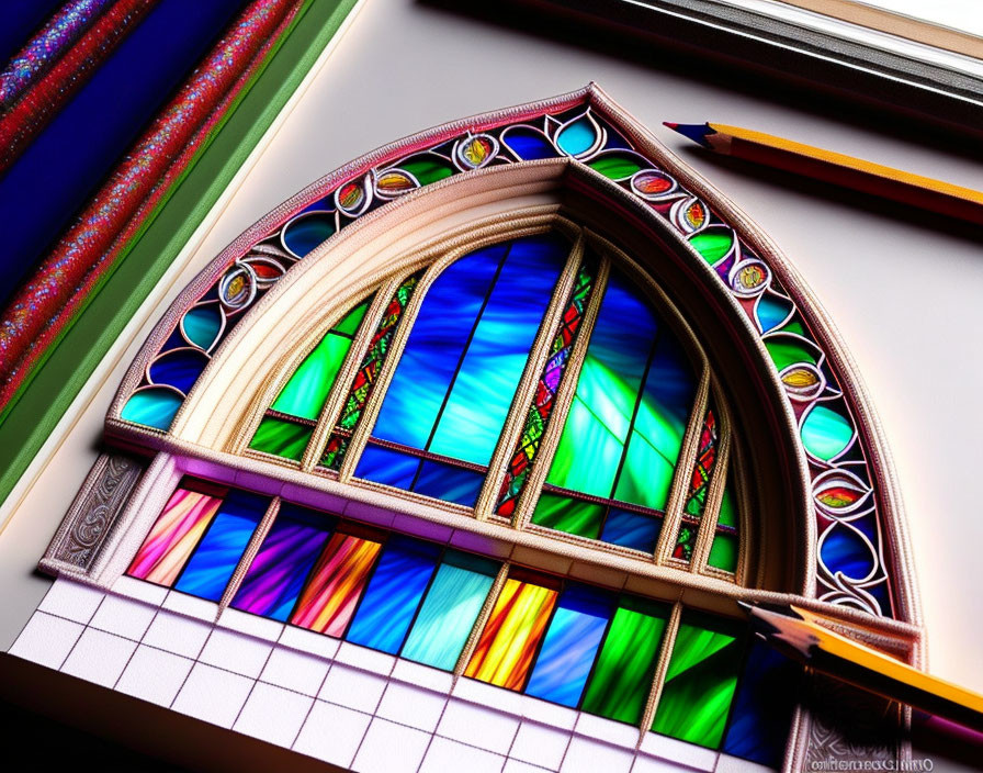 Gothic arch stained glass window with vibrant colors and stone tracery.